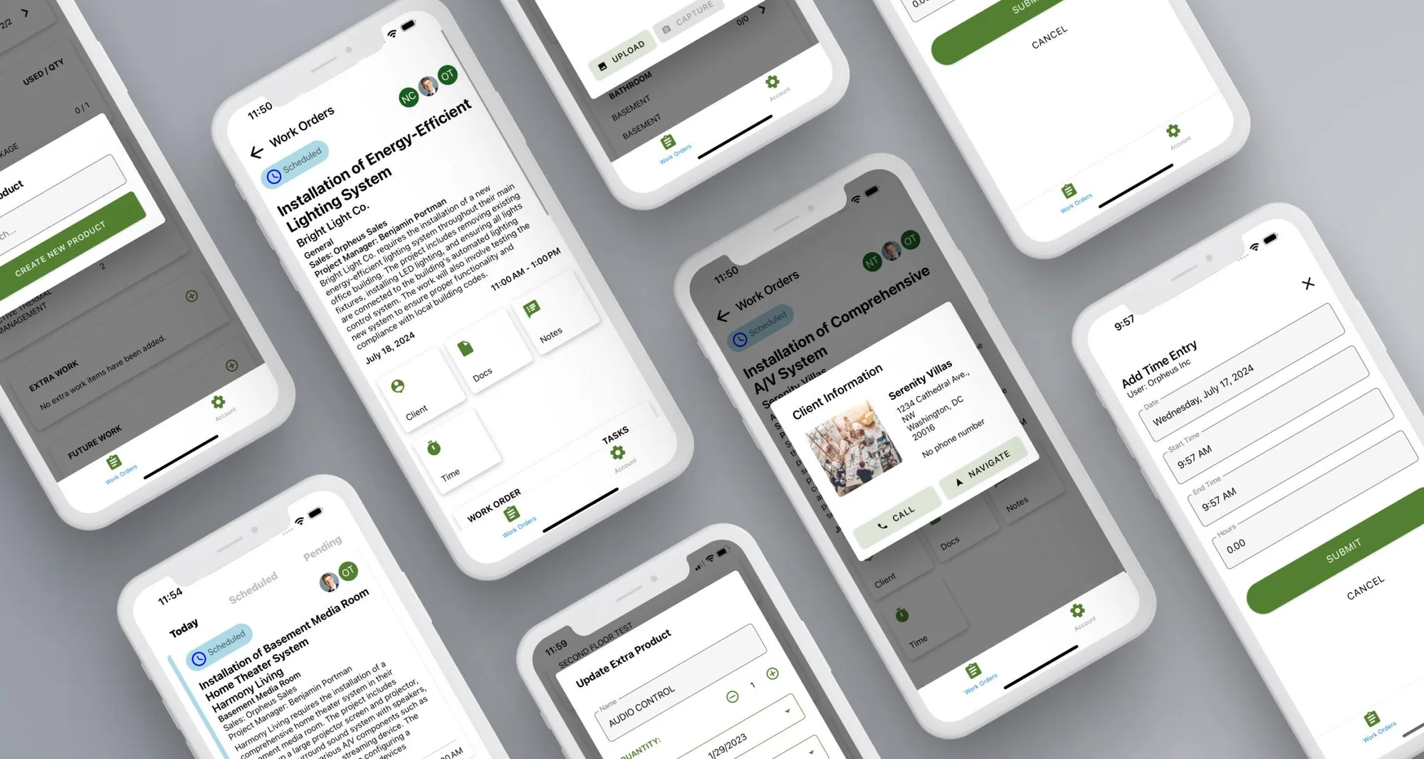 Grid of ABE Networks mobile app screens: work orders, client information, and time entry