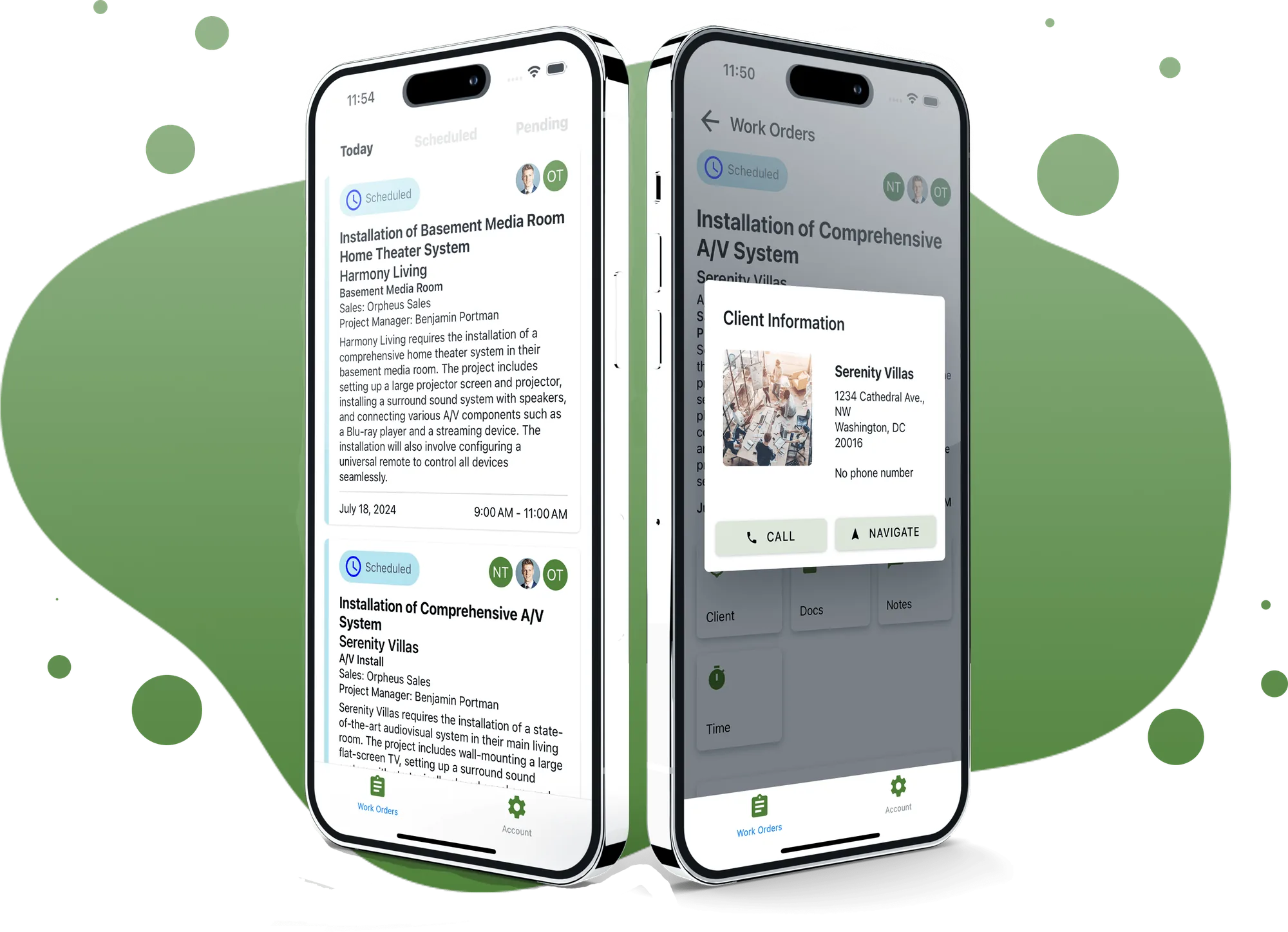 Two ABE Networks mobile screens showing a work order and client information