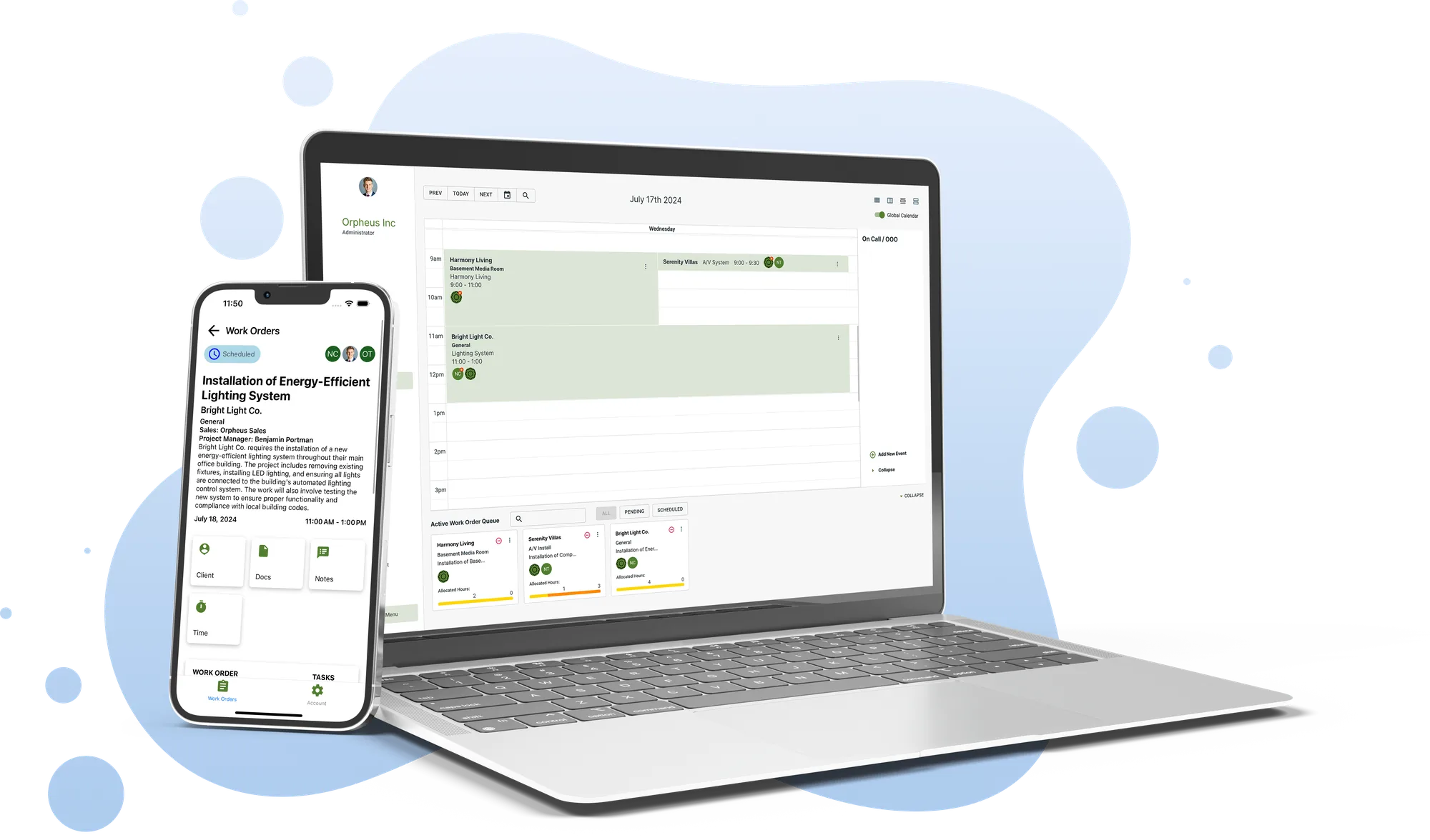 ABE Networks platform on laptop and phone showing a work order and schedule