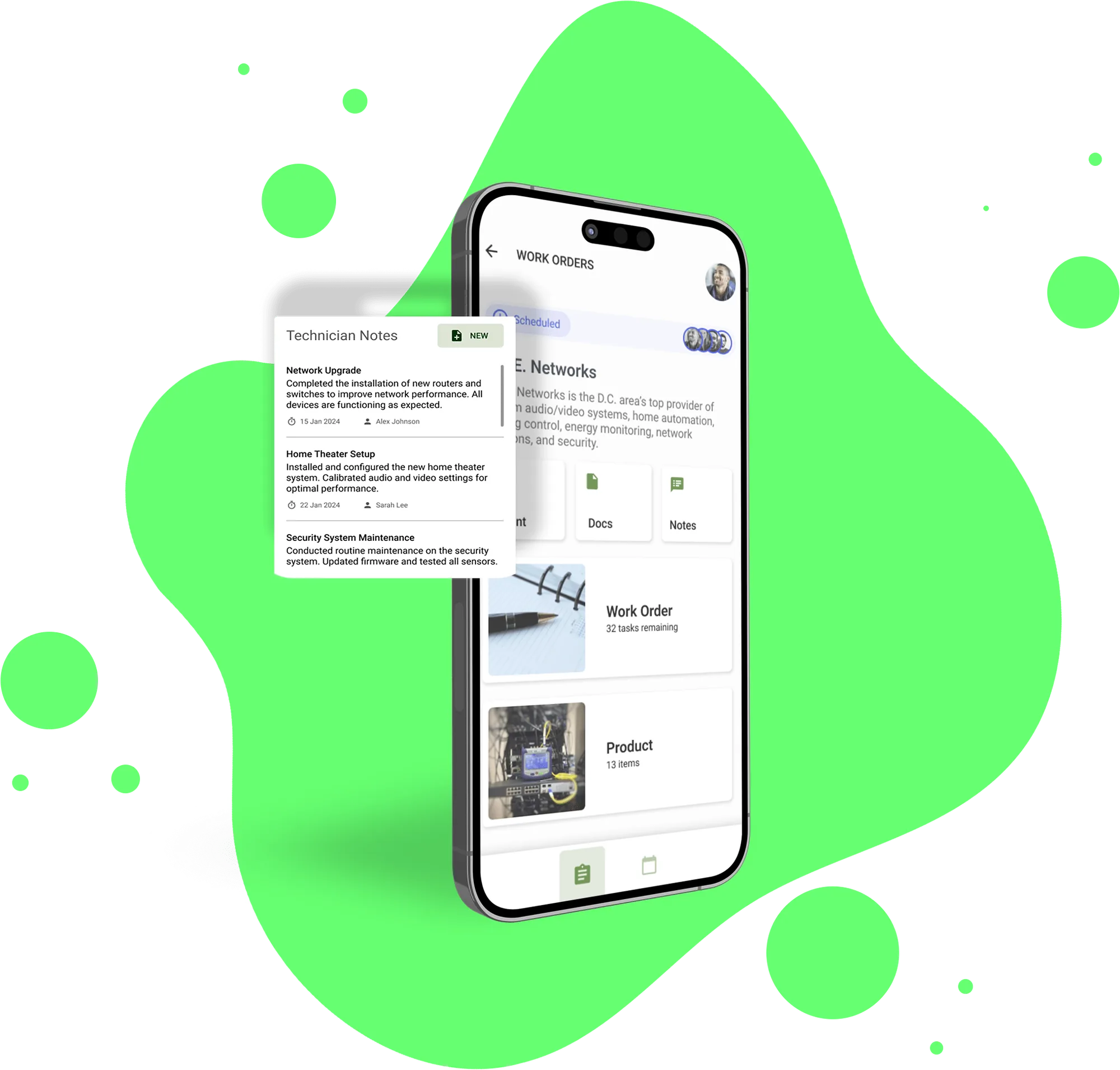 ABE Networks mobile app showing a work order with technician notes