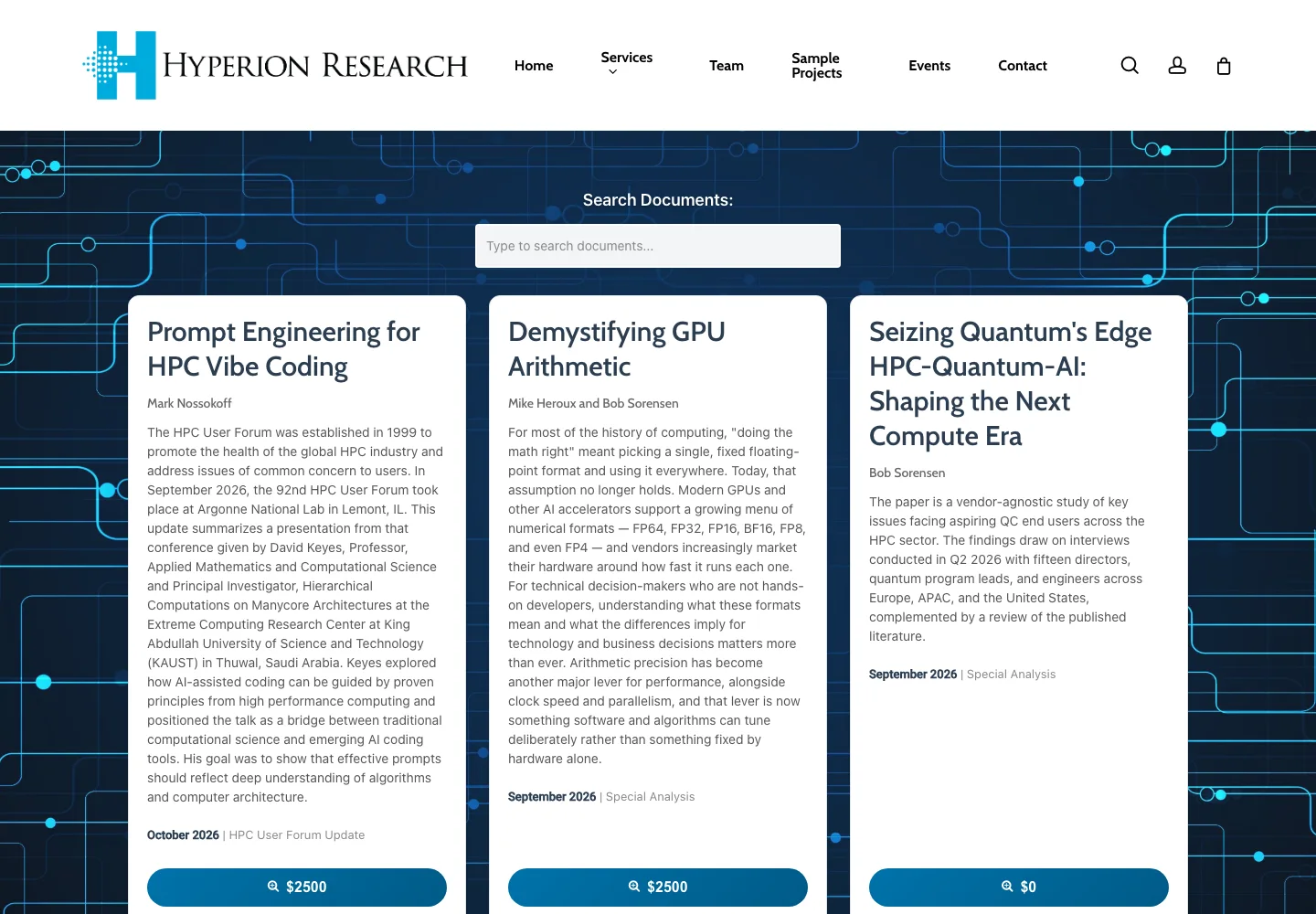 Hyperion Research document catalog with search and research listings