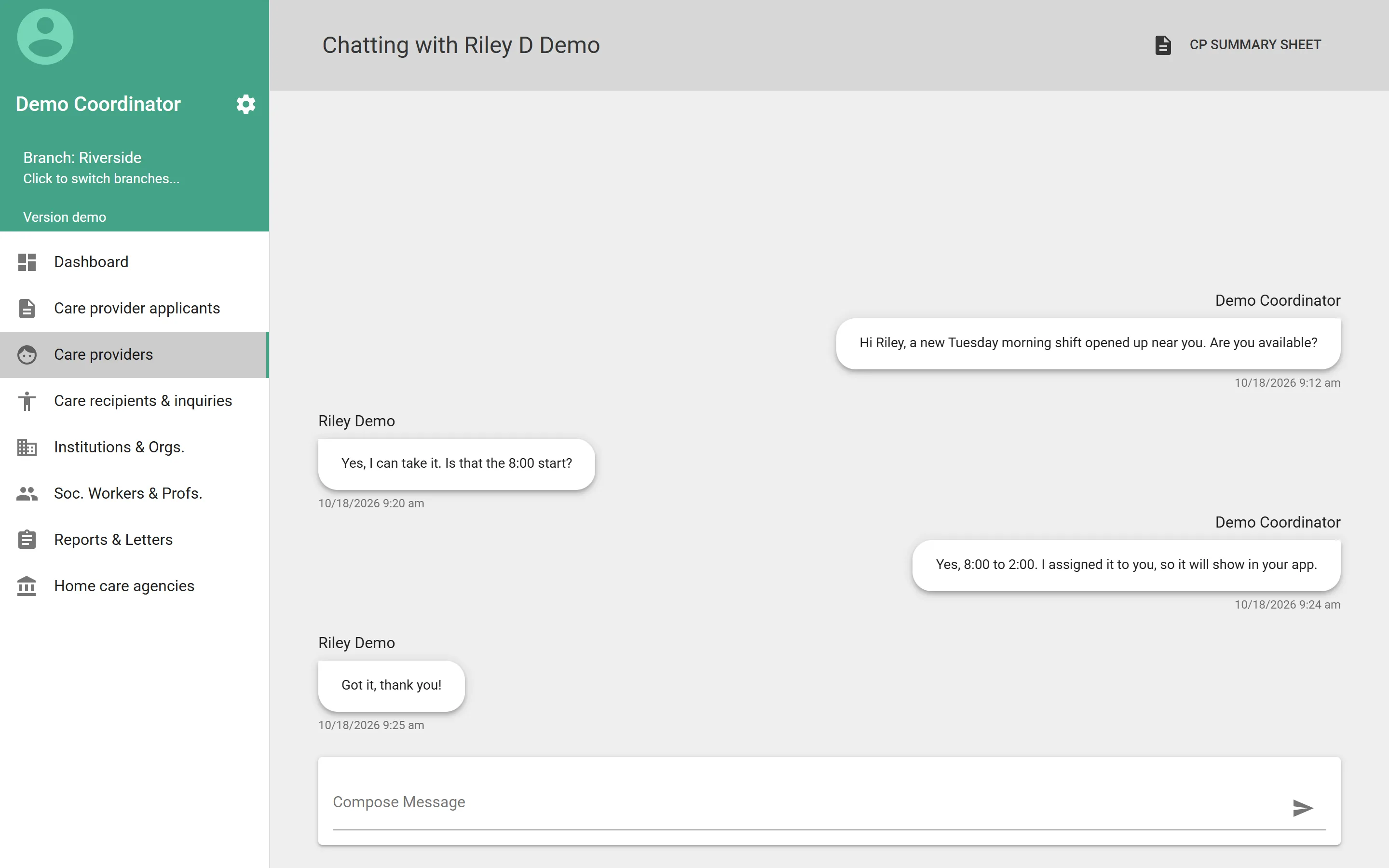 Office side of caregiver messaging with demonstration data: a coordinator offers a caregiver an open Tuesday shift, the caregiver accepts, and the coordinator confirms it will appear in the mobile app
